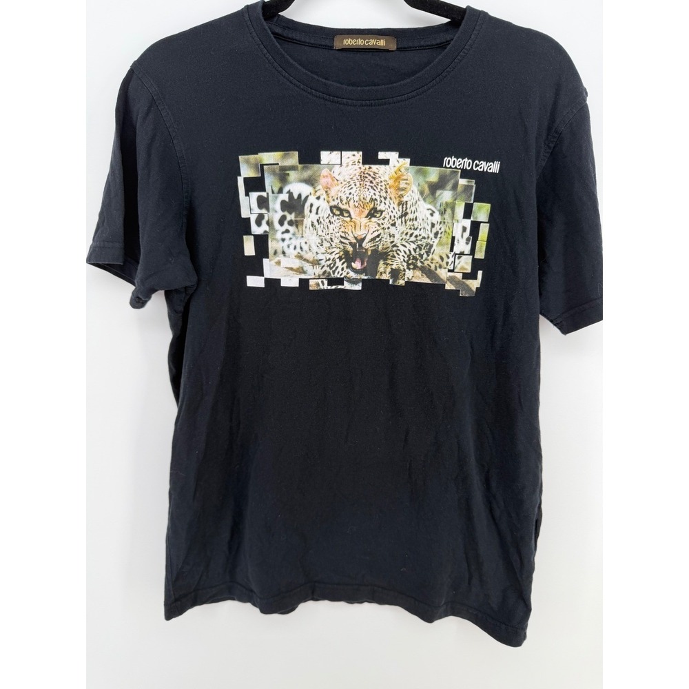Roberto Cavalli Leopard Graphic T Shirt Black Size Lg. Designer Animal Print Y2K